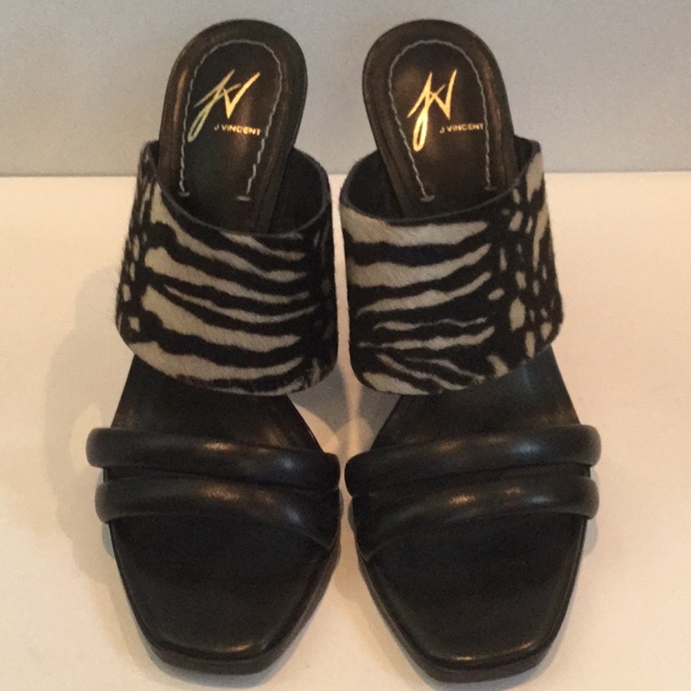 J Vincent zebra hair hide and black leather heels